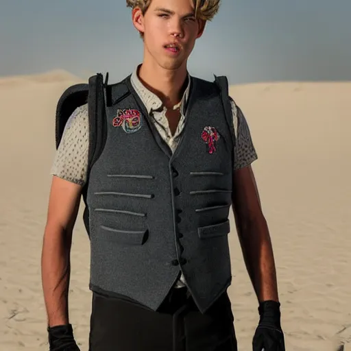 Image similar to Portrait photo of adult Austin Butler with exposed dark-hair head, dressed in grey-prussian blue Tudoresque-Gigeresque casual garb, and griffin-embroidered nanocarbon-vest, in an arena in Dune 2021, XF IQ4, f/1.4, ISO 200, 1/160s, 8K