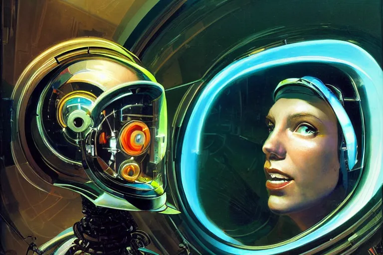 Prompt: portrait of a biomechanical head inside a futuristic space helmet, vintage, neon, white metal, iridescent visor, smooth, sharp focus, high detail, deviantart, art by Syd Mead and John Berkey,