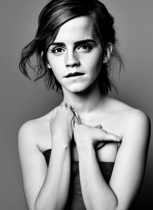 Image similar to emma watson, fashion portrait, dslr, one point lighting, pale skin, studio lighting