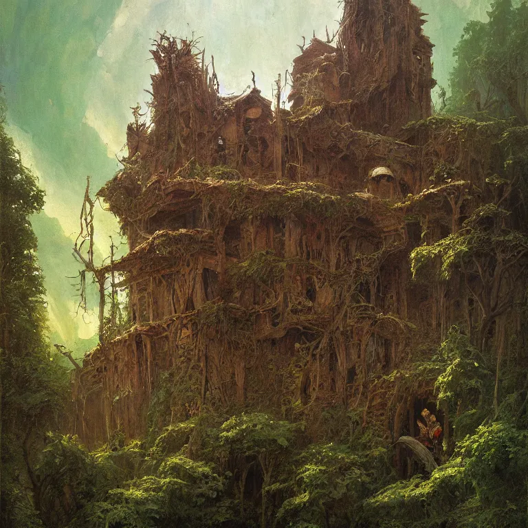 Image similar to a detailed painting inspired by moebius and beksinski of a medieval two floor building in the forest. fantasy poster. lord of the rings style. cinematic fantasy scene. fantasy. carl spitzweg. renaissance elements. renaissance element. oil painting. award winning. trending on artstation. 8 k