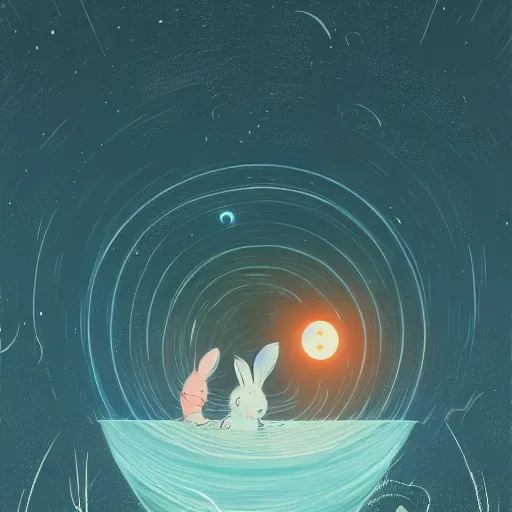Image similar to A rabbit full of hope, looking for a black hole in an infinite time loop by Victo Ngai and Ghibli andlisk feng and atey ghailan