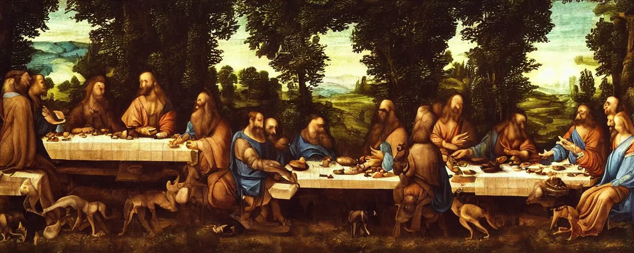 Image similar to A painting of animals sitting at the table in the forest. Style of The last supper by Leonardo Da Vinci