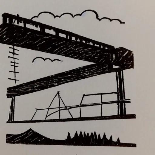 Prompt: small steel suspension bridge built in 1 9 2 8, side view, puffy clouds in background, woodcut style, rubber stamp, 8 k
