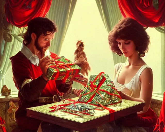 Prompt: opening presents at christmas 1 9 8 0's, deep focus, d & d, fantasy, intricate, elegant, highly detailed, digital painting, artstation, concept art, matte, sharp focus, illustration, hearthstone, art by artgerm and greg rutkowski and alphonse mucha