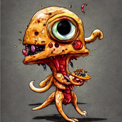 Prompt: a cute monster made of pizza, watercolor, pen and ink, intricate line drawings, by Yoshitaka Amano, Ruan Jia, Kentaro Miura, Artgerm, detailed, trending on artstation, hd, masterpiece,