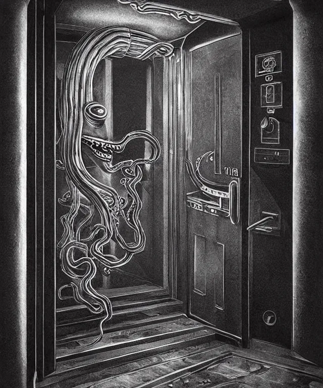 Image similar to horrifying photorealistic painting of a 1 9 2 5 hotel elevator lobby, elevator doors look like a mouth, with a tentacle - shaped tongue, licking out, dark, atmospheric, brooding, smooth, finely detailed, cinematic, epic, lovecraft, in the style of lee gibbons