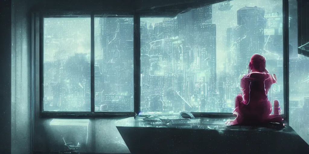 Image similar to sad girl sitting by the window, cyberpunk, accurate features, focus, very intricate ultrafine details, masterpiece, 8 k hd, realistic shaded lighting, detailed render, detailed backgrounds, epic composition, soft neon lights, rain