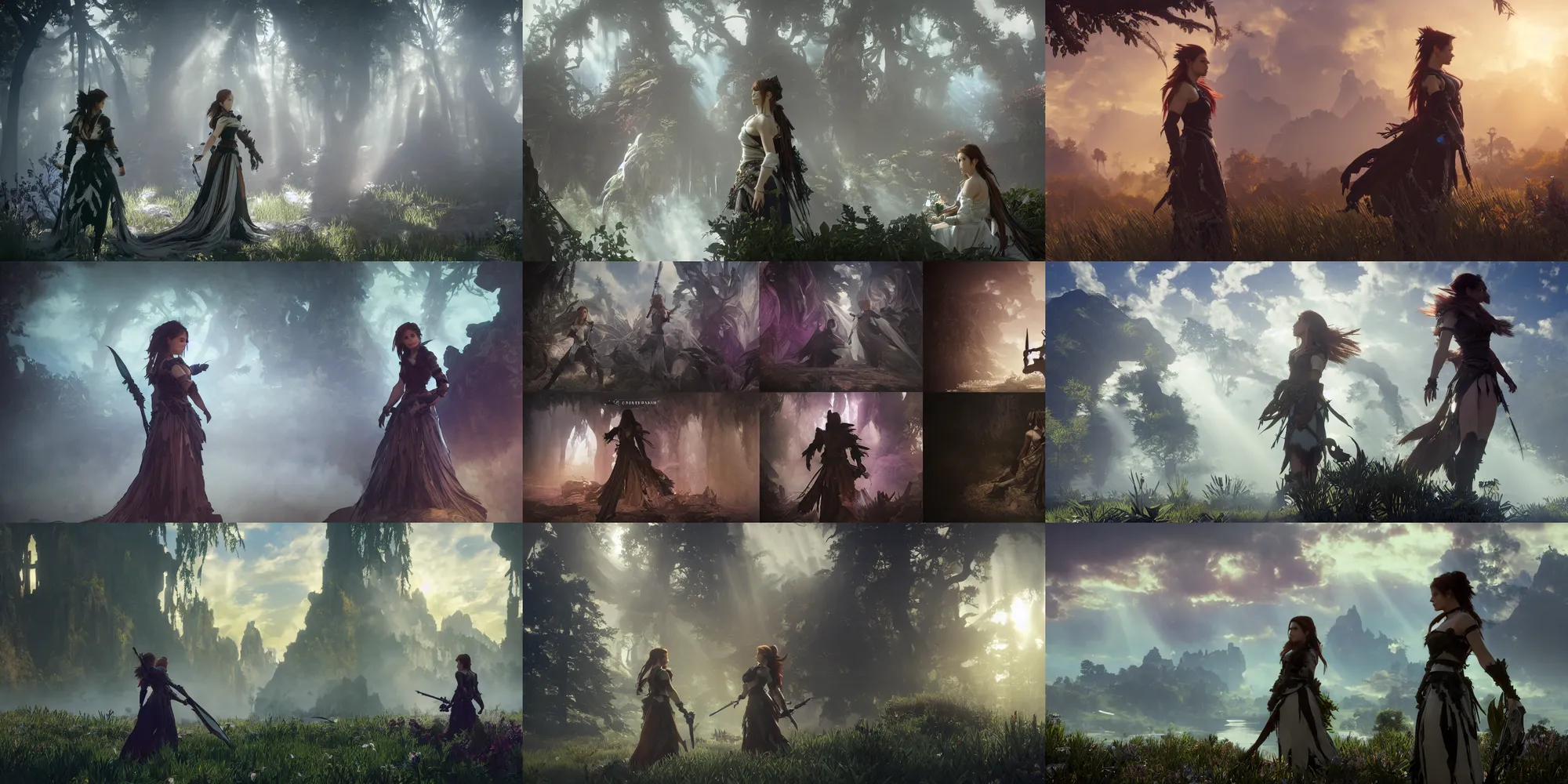 Prompt: Cinematic stills from Final Fantasy and Horizon Zero Dawn 2 mashup, Gothic architecture, god rays, bloom, volumetric fog, moody ambiance, dynamic poses, diaphanous cloth, intricate jewelry, cinematic lighting, twilight, sunset, by Alphonse Mucha, by James Gurney, by Bouguereau, by Rubens, fantasy, portfolio illustration, highly detailed, trending on Artstation, CGsociety, HQ, 8k, 35mm lens, f2.8, Bokeh,