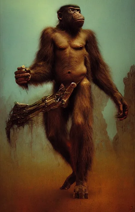 Image similar to tribal ape warrior, beksinski, ruan jia,