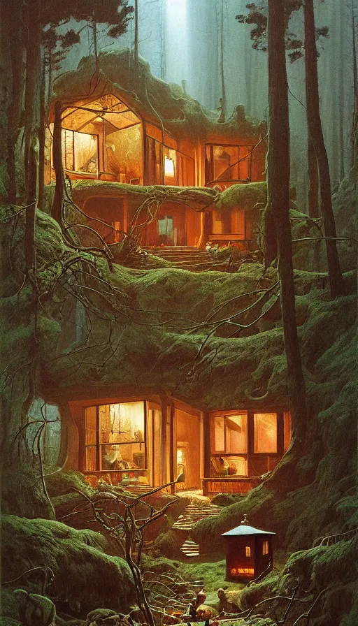 Image similar to cozy home in the woods moody lighting, highly detailed, painting by zdzisław beksinski and norman rockwell and greg rutkowskiweta studio, and lucasfilm