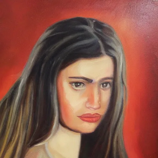 Image similar to a beautiful oil painting of a 35mm film photo of an atractive cool alternative bosnian woman in her early 20s. beautiful face. She has dark brown hair, dark thick eyebrows, brown eyes and shoulder long hair.