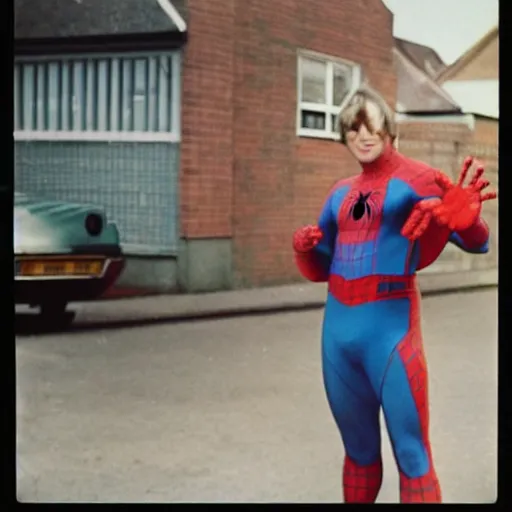 Prompt: 1970s colour polaroid of jimmy tarbuck as spider man without a mask on a british council estate