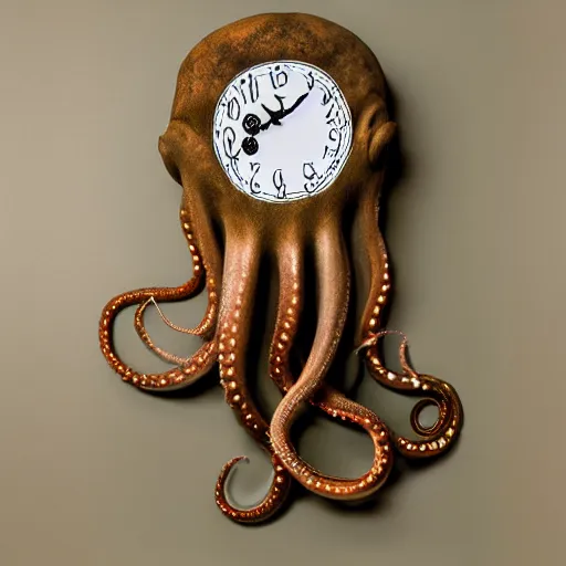 Image similar to octopus clock, real tentacles, professional product photo