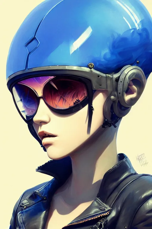 Image similar to a ultradetailed beautiful panting of post apocalyptic woman biker with helmet. blue hair. opened leather jacket, pretty face, high detailed face, in front of burning desert, anatomically correct, close up, by ilya kuvshinov, greg rutkowski and makoto shinkai, trending on artstation