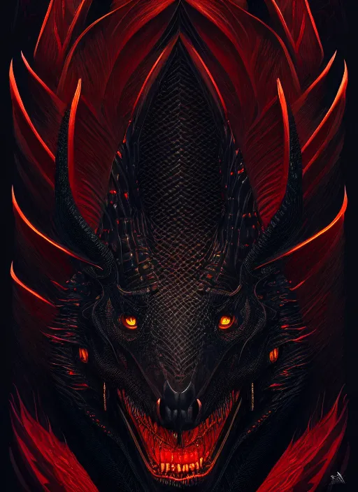 Image similar to symmetry!! portrait of a black dragon, dark scales, horns, horror, night time lighting, intricate, scary, fire background, highly detailed, digital painting, artstation, concept art, smooth, sharp focus, illustration, art by greg rutkowski