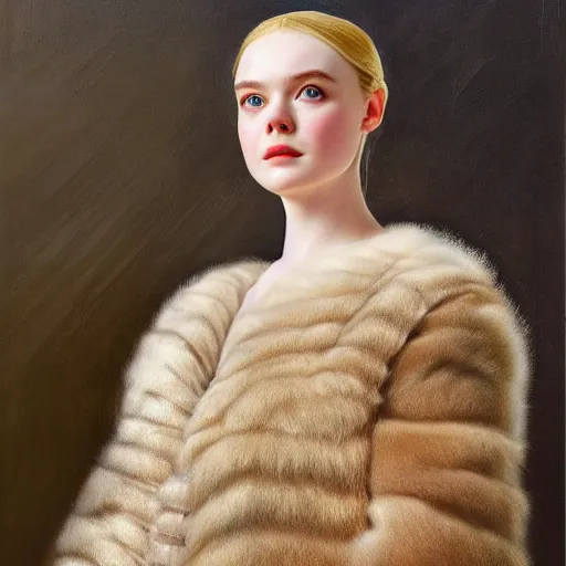 Prompt: Elle Fanning in a fur coat, religious masterpiece portrait, oil on canvas, golden hour, in the world of Andrew Wyeth, artstation, by J. C. Leyendecker and Peter Paul Rubens,