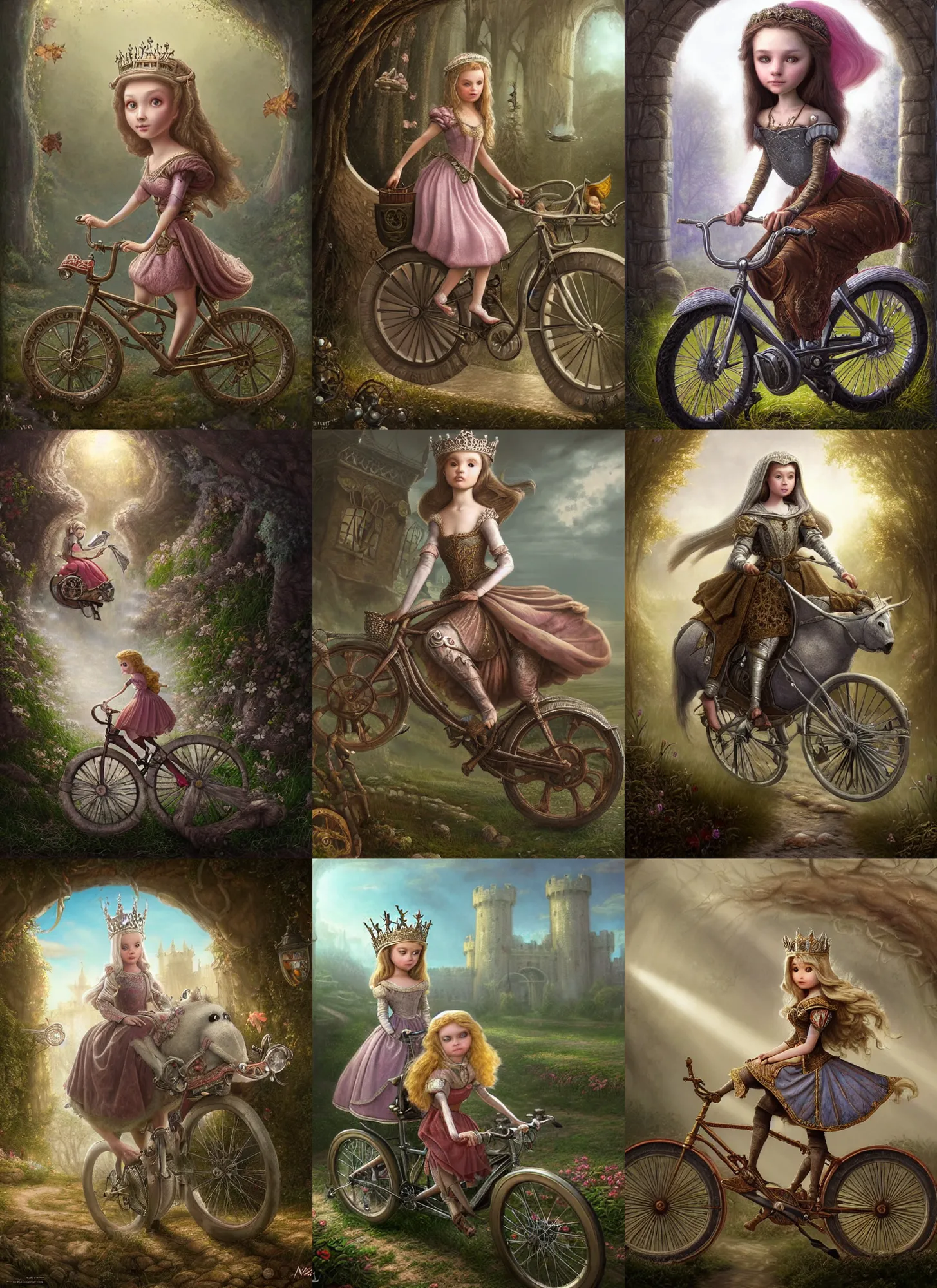 Prompt: highly detailed portrait of a fairytale medieval princess riding a bike, unreal engine, nicoletta ceccoli, mark ryden, lostfish, earl norem, global illumination, god rays, detailed and intricate environment