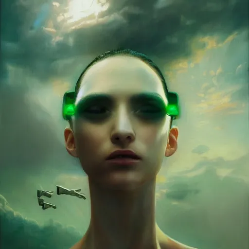 Image similar to 3 d, sci - fi, morning, sleepy fashion model face, sun, cinematic, clouds, sun rays, vogue cover style, poster art, light green mood, snakes, realistic painting, intricate oil painting, high detail, figurative art, multiple exposure, poster art, 3 d, by tooth wu and wlop and beeple and greg rutkowski