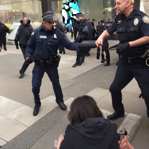 Prompt: police officer throwing molotov cocktail at apple store