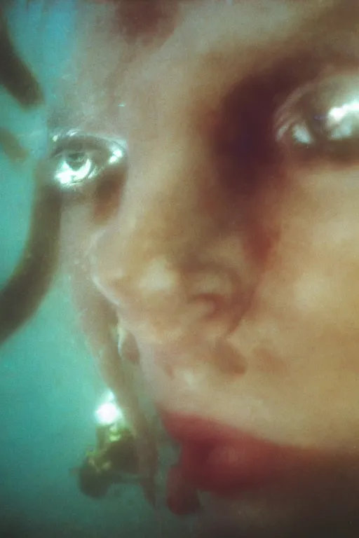 Image similar to film still, underwater view of young woman eyes, 35mm