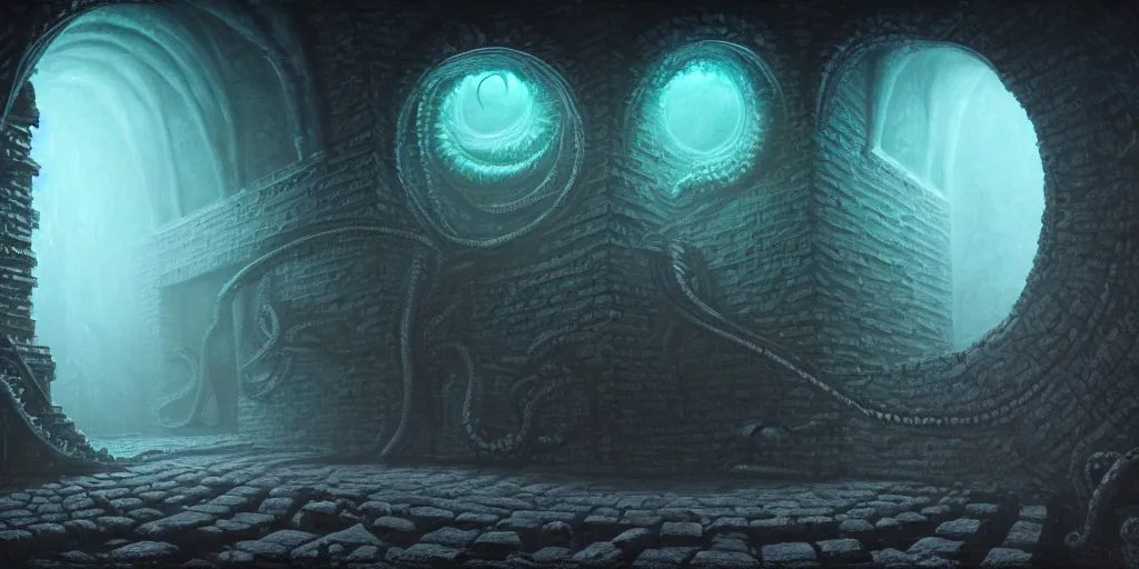 Prompt: a lovecraftian tentacle monster inside of a stone brick room, matte oil painting, staircases, cosmic, concept art, nebula, high fantasy, extremely detailed, disturbing, trauma, award - winning, 4 k, 8 k