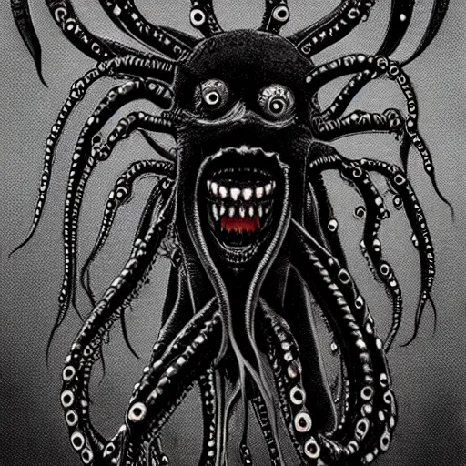 Prompt: void nightmare creature with many teeth many eyes long black body with many tentacles lashing out to grab victims, dark background, harsh lighting, scary, h. r. giger