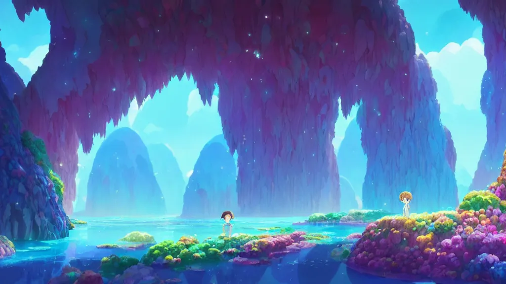 Image similar to colorful crystal cave, studio ghibli, pixar and disney animation, sharp, rendered in unreal engine 5, highly detailed, digital painting, artstation, concept art, smooth, sharp focus, illustration, wide angle, artbook, wallpaper, splash art, promo art, dramatic lighting, art by artgerm and greg rutkowski and bo chen and jin xiaodi