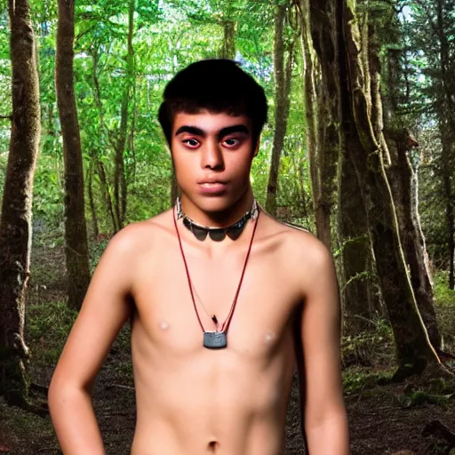Image similar to male teenager, around 1 9 years old, with scar on his face. wearing chain necklace and loincloth in deep and eerie forest