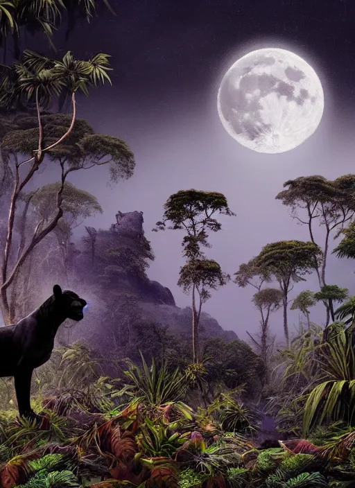 Prompt: a beautiful matte painting of a black jaguar walking in the jungle at night, front face, with full moon in the sky, ayahuasca