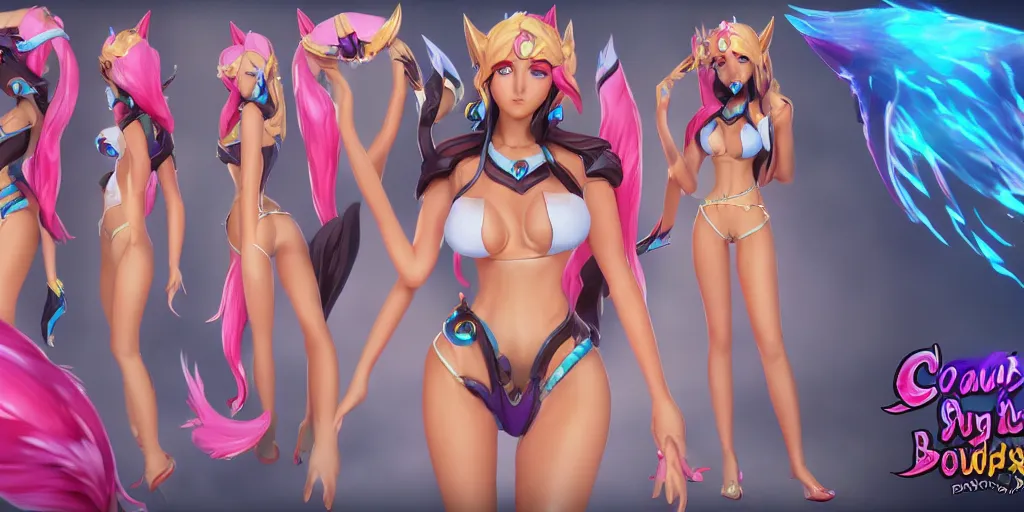 Image similar to Character sheet of gorgeous pool party ahri (League of Legends). 3d octane render trending on artstation