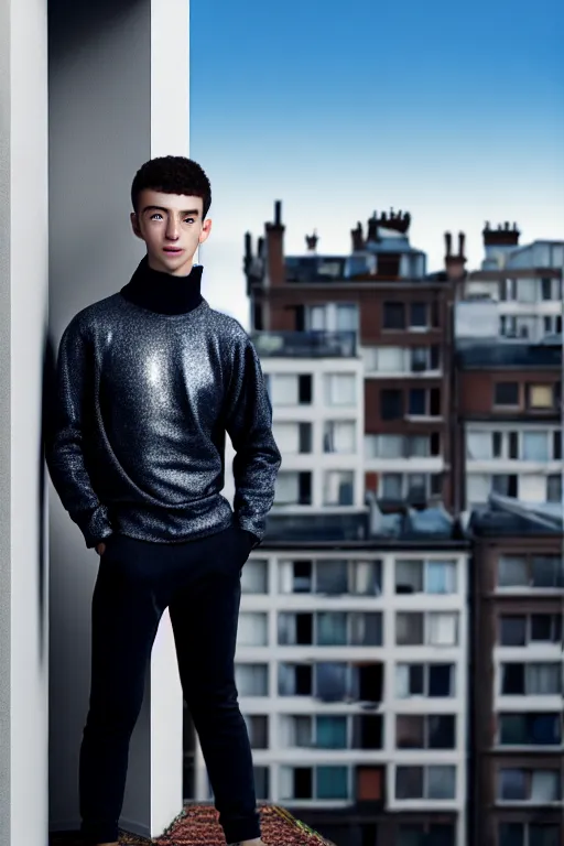 Image similar to un ultra high definition studio quality photographic art portrait of a young man standing on the rooftop of a british apartment building wearing soft padded silver pearlescent clothing. three point light. extremely detailed. golden ratio, ray tracing, volumetric light, shallow depth of field. set dressed.