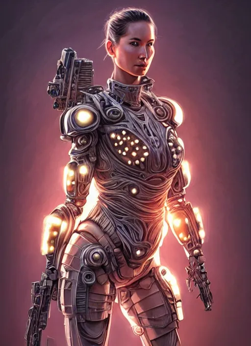 Image similar to portrait of a beautiful female soldier from the future wearing biomechanical armor, olivia munn, carrying a rifle, intricate, elegant, glowing lights in armor, highly detailed, digital painting, artstation, glamor pose, concept art, smooth, sharp focus, illustration, epic angle, art by artgerm and greg rutkowski, artey freytag, alvin schwartz