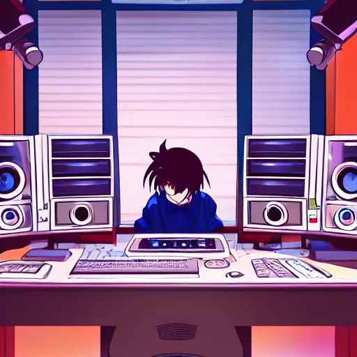 Image similar to An anime character working in their music studio. 90s anime, Sailor Moon, VHS, official art, flat cell shading, fantastic screenshot, trending on artstation