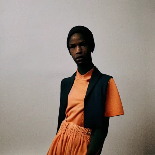 Image similar to realistic photoshooting for a new heliot emil lookbook, color film photography, photo of a woman, photo in style of tyler mitchell, 3 5 mm, featured on vogue