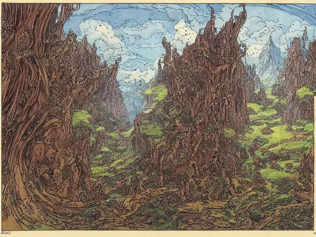 Image similar to fantasy landscape made by moebius with a 8 eyed humanoid god dealing cards over a medieval field