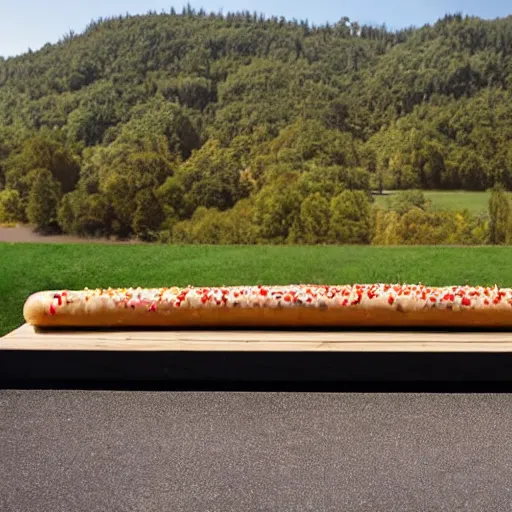 Image similar to award winning twenty meter long hotdog on a long table