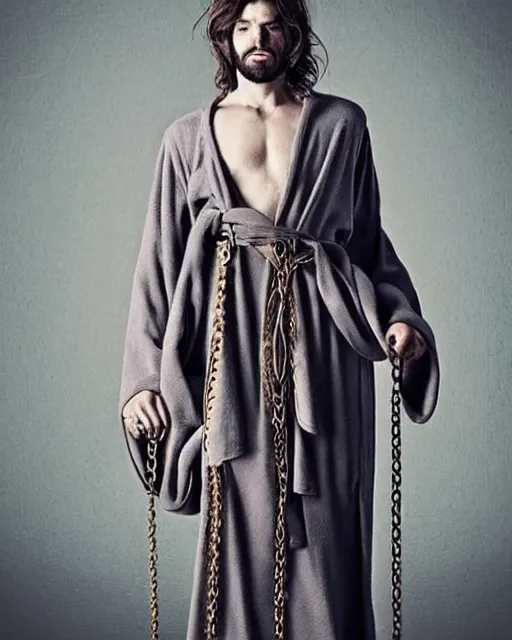 Image similar to man portrait and upper body, beautiful, robes, chains, dynamic pose, long hair, pinterest