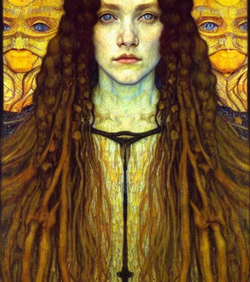 Image similar to detailed realistic beautiful young medieval queen face portrait by jean delville, gustav klimt and vincent van gogh, art nouveau, symbolist, visionary, gothic, pre - raphaelite, muted earthy colors, desaturated