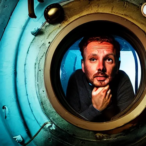 Prompt: A fearful man watching out the porthole of his submarine as something gazes back from the black abyss