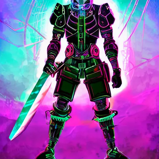 Prompt: katana zero video game character, huge sword, futuristic full body armor, cyborg, synthwave art, retrofuturist, realist, colorful, digital art, thiago lehmann