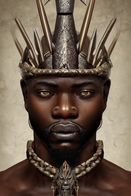 Image similar to Ogun and his knives, ancient orisha, African Warrior God of Craftsmen and Hunters, bronze-brown skin with masculine features - strong jaw line, bald head and menacing look, medium shot digital illustration trending on artstation by artgerm and raphaelite, face by wlop, detailed and concise