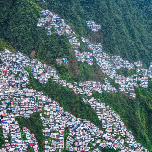 Prompt: Realistic aerial photograph of sikkim with some people moving around in India