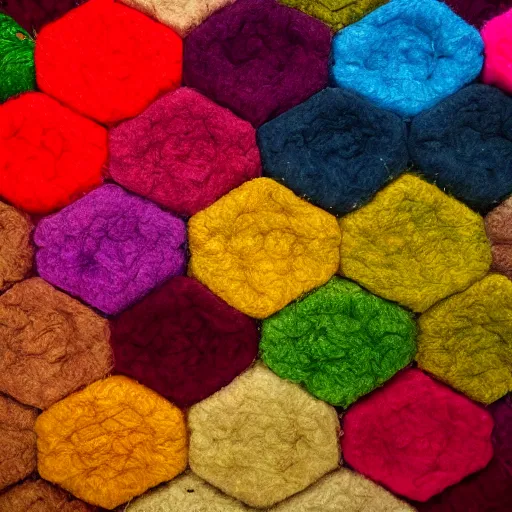 Image similar to hexagonal shapes made of wool, photography, 4k, detailed, high saturation