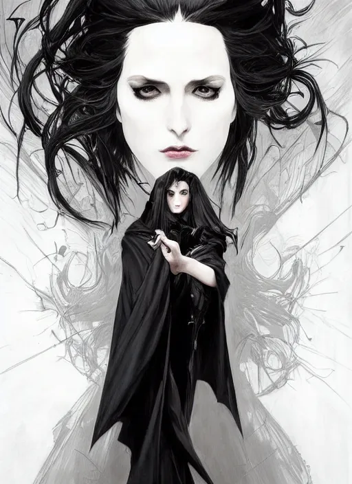 Image similar to goth tall man with wind swept black hair wearing a long flowing black cape , intricate, elegant, highly detailed, digital painting, artstation, concept art, smooth, sharp focus, illustration, art by artgerm and greg rutkowski and alphonse mucha and francisco goya