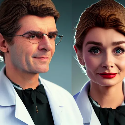 Image similar to a highly detailed epic cinematic concept art CG render digital painting artwork costume design: Audrey Hepburn as a 1950s scientist lunatic in a lab coat, with wild unkempt hair. By Mandy Jurgens, Simon Cowell, Barret Frymire, Dan Volbert, David Villegas, Irina French, Heraldo Ortega, Rachel Walpole, Jeszika Le Vye, trending on ArtStation, excellent composition, cinematic atmosphere, dynamic dramatic cinematic lighting, aesthetic, very inspirational, arthouse