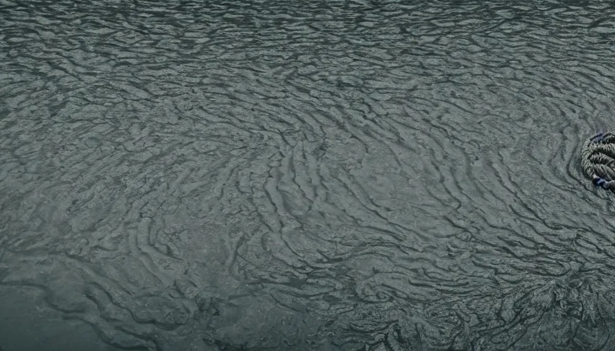 Image similar to wide shot of a rope on the surface of water, in the middle of a lake, overcast day, rocky foreground, 2 4 mm leica anamorphic lens, moody scene, stunning composition, hyper detailed, color kodak film stock