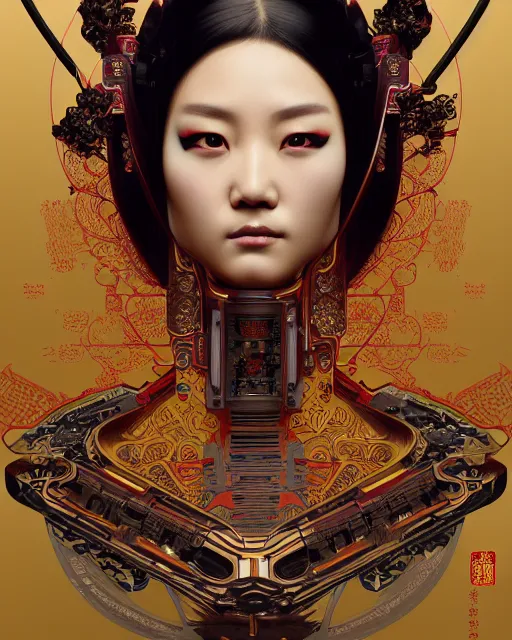 Image similar to portrait of a cyberpunk machine, machine face, upper half portrait, decorated with chinese opera motifs, asian, fine china, wuxia, traditional chinese art, intricate, elegant, highly detailed, symmetry, headpiece, digital painting, artstation concept art smooth sharp focus, illustration, art by artgerm and greg rutkowski alphonse mucha 8 k