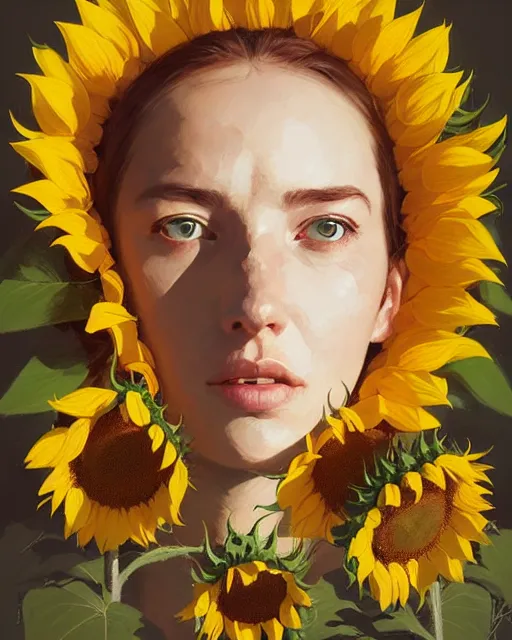 Image similar to cottagecore hyper - realistic portrait of a woman, sunflowers, by atey ghailan, by greg rutkowski, by greg tocchini, by james gilleard, by joe fenton, by kaethe butcher, dynamic lighting, gradient light yellow, brown, blonde cream and white color scheme, grunge aesthetic