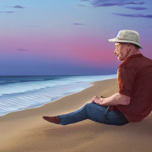 Image similar to a man sitting on the beach, drinking a bottle of bird-dog whiskey at sunset. High detail, 4k