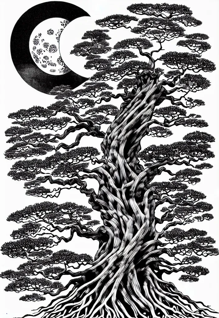 Image similar to prompt: white Bonsai tree roots merging into big moon drawn by Salvador Dali, Japanese woodblock print style, white moon and black background, clean ink detailed line drawing, intricate detail, manga 1990